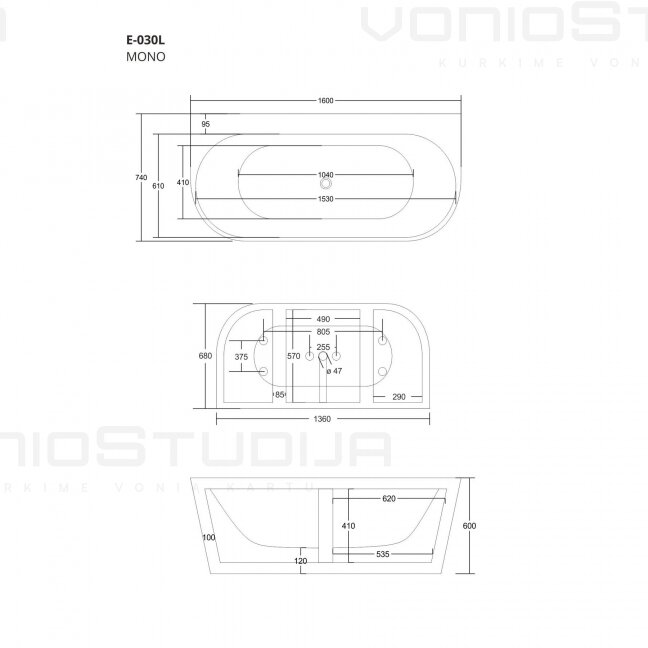 Vonia Corsan MONO 160cm, akrilinė su aukso spalvos clicklack 5 Vonia Corsan MONO 160cm, akrilinė su aukso spalvos clicklack 5