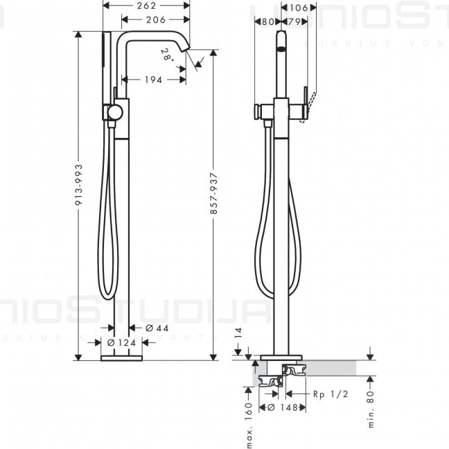 Hansgrohe vonios maišytuvas iš grindų Tecturis S 73440670 juodos matinės spalvos 1 Hansgrohe vonios maišytuvas iš grindų Tecturis S 73440670 juodos matinės spalvos 1