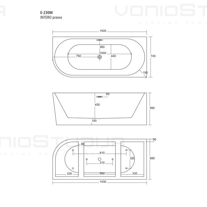 Vonia Corsan E230M 150cm dešininė su juodos matinės spalvos clicklack 8 Vonia Corsan E230M 150cm dešininė su juodos matinės spalvos clicklack 8