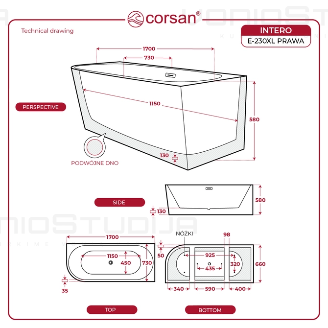 Vonia Corsan E230XL INTERO dešininė 170cm su rožinio aukso spalvos clicklack 5